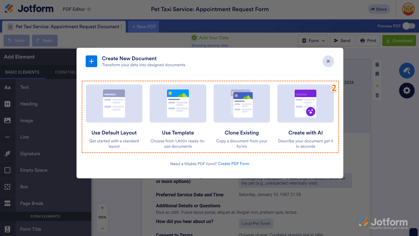 Create a New PDF Document window showing options like Use Default Layout, Use Template, Clone Existing PDF, and Create with AI