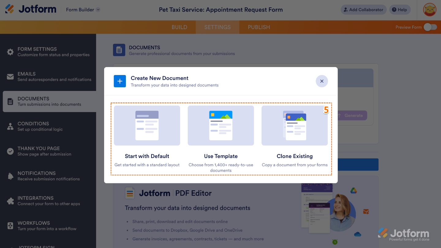 Add New Document menu showing options to create a Form PDF Submission Report using Default Layout, Template, or Clone Existing PDF