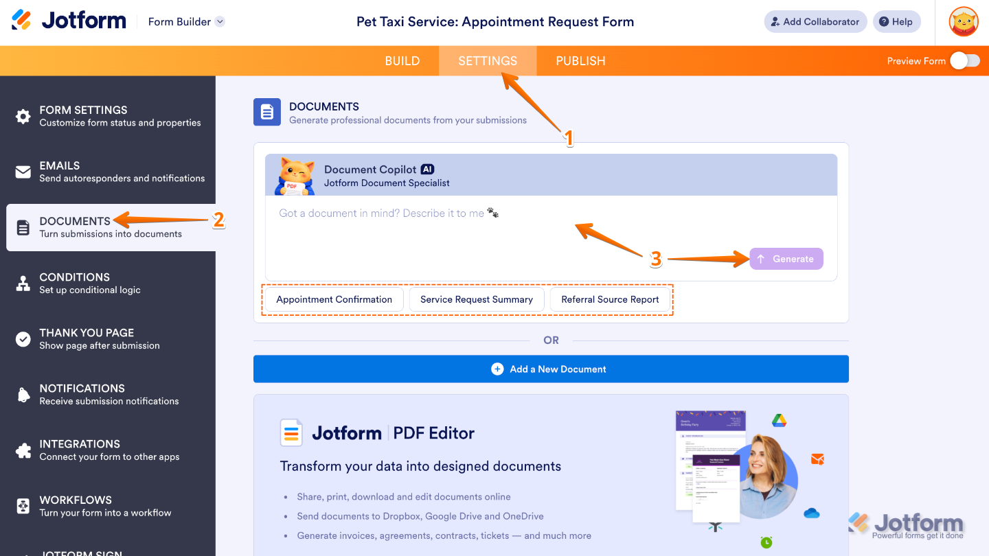 Form Builder showing the Settings tab and Documents section where users can create a Form PDF Submission Report using Document Copilot AI