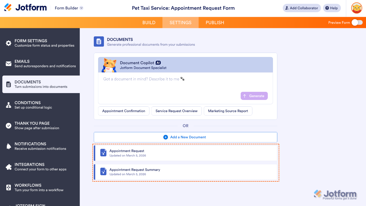 Documents section showing an existing PDF document listed for a form that already has a PDF submission report
