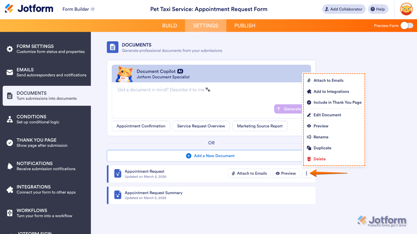 Documents list showing the three dots menu with options to edit, preview, duplicate, delete, or attach a PDF document to emails and integrations
