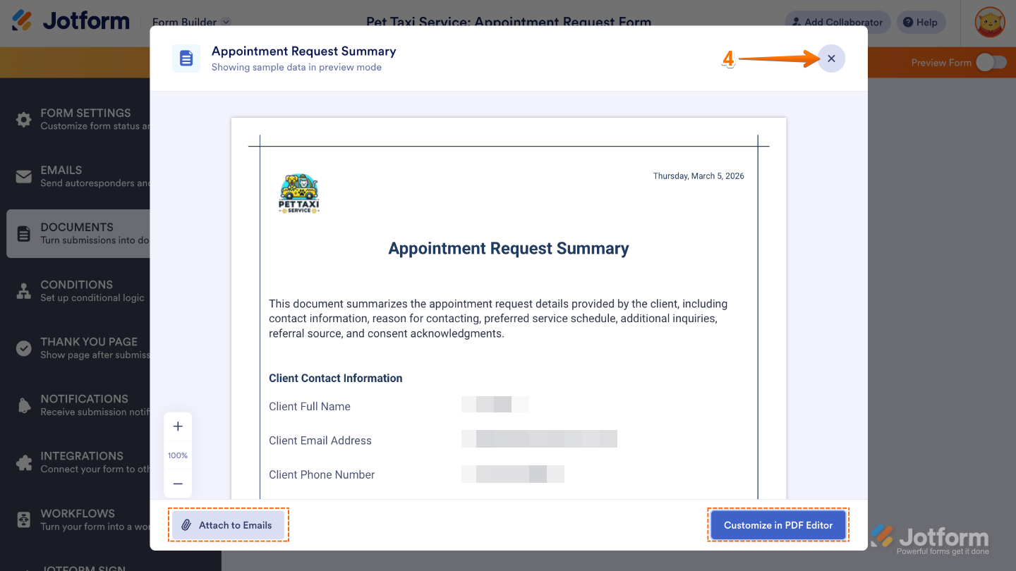 Confirmation window displaying a newly created PDF document with options to attach it to emails or customize it in the PDF Editor
