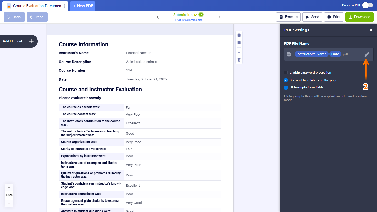 Editing the PDF file name by clicking the Pencil icon under the PDF File Name section in the PDF Settings window in PDF Editor