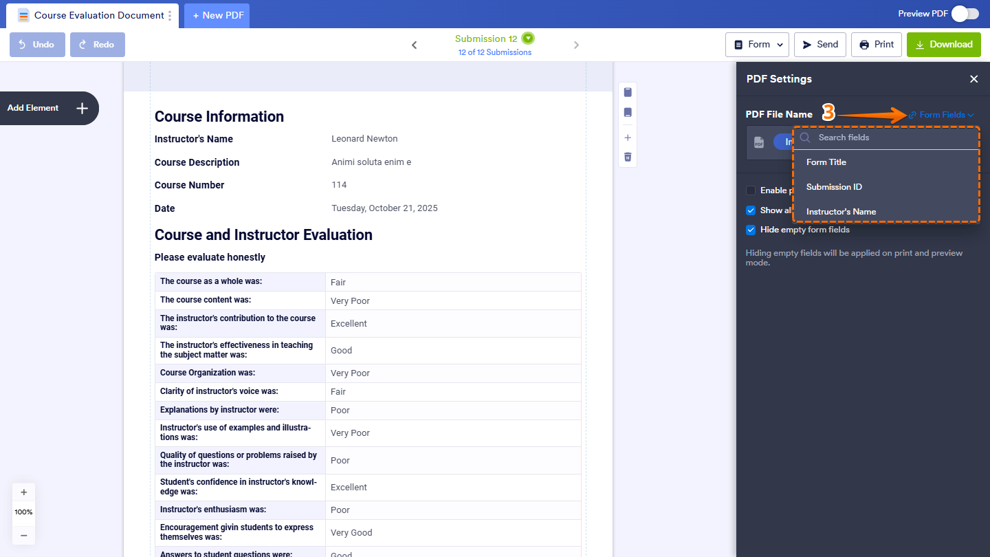 Clicking on Add Fields to insert form fields and create a custom file name under the PDF File Name section in PDF Editor
