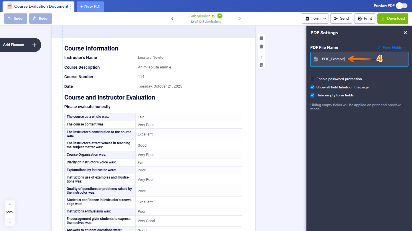 Typing a custom file name directly in the PDF File Name field instead of adding form fields in PDF Editor