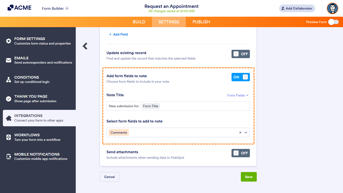 Add Form Fields to Note toggle in the HubSpot integration settings