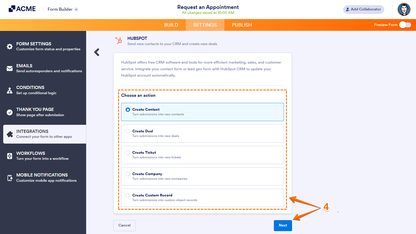 Choose an action page in HubSpot integration settings