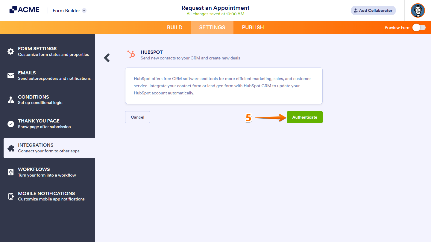 Authenticate button in the HubSpot integration settings