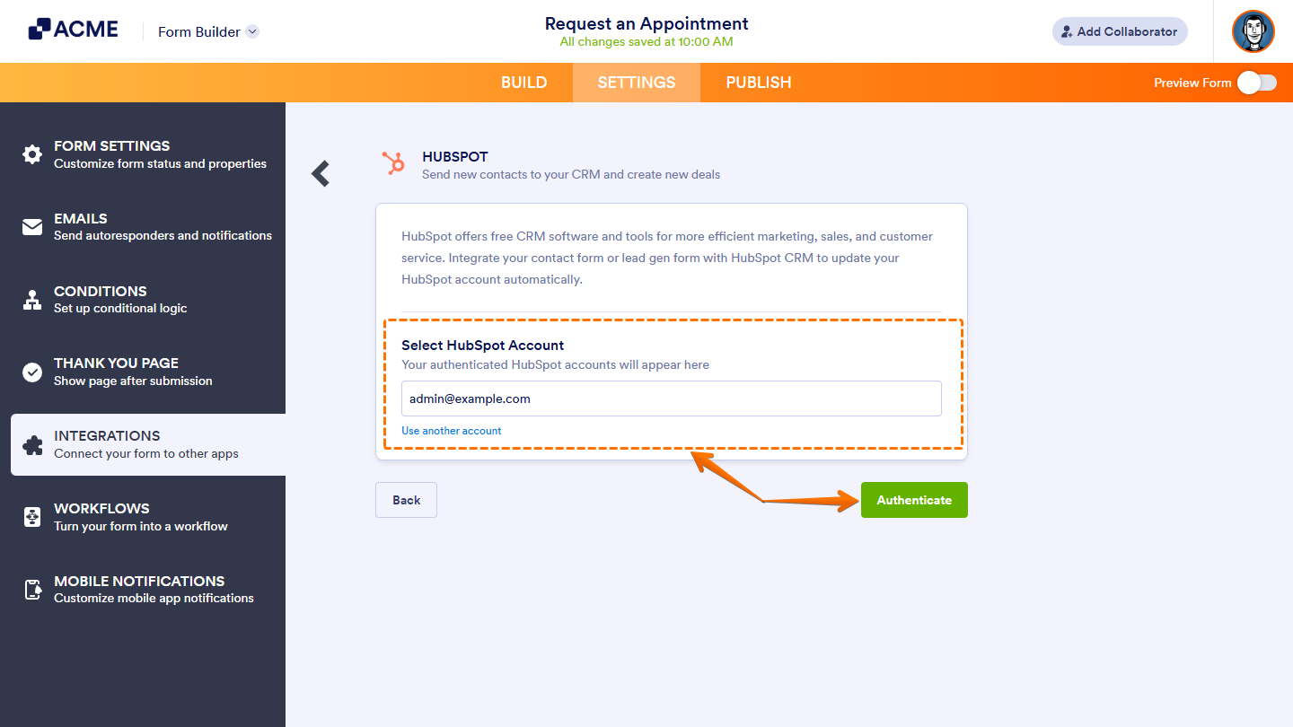 Select HubSpot Account dropdown menu in the HubSpot integration settings