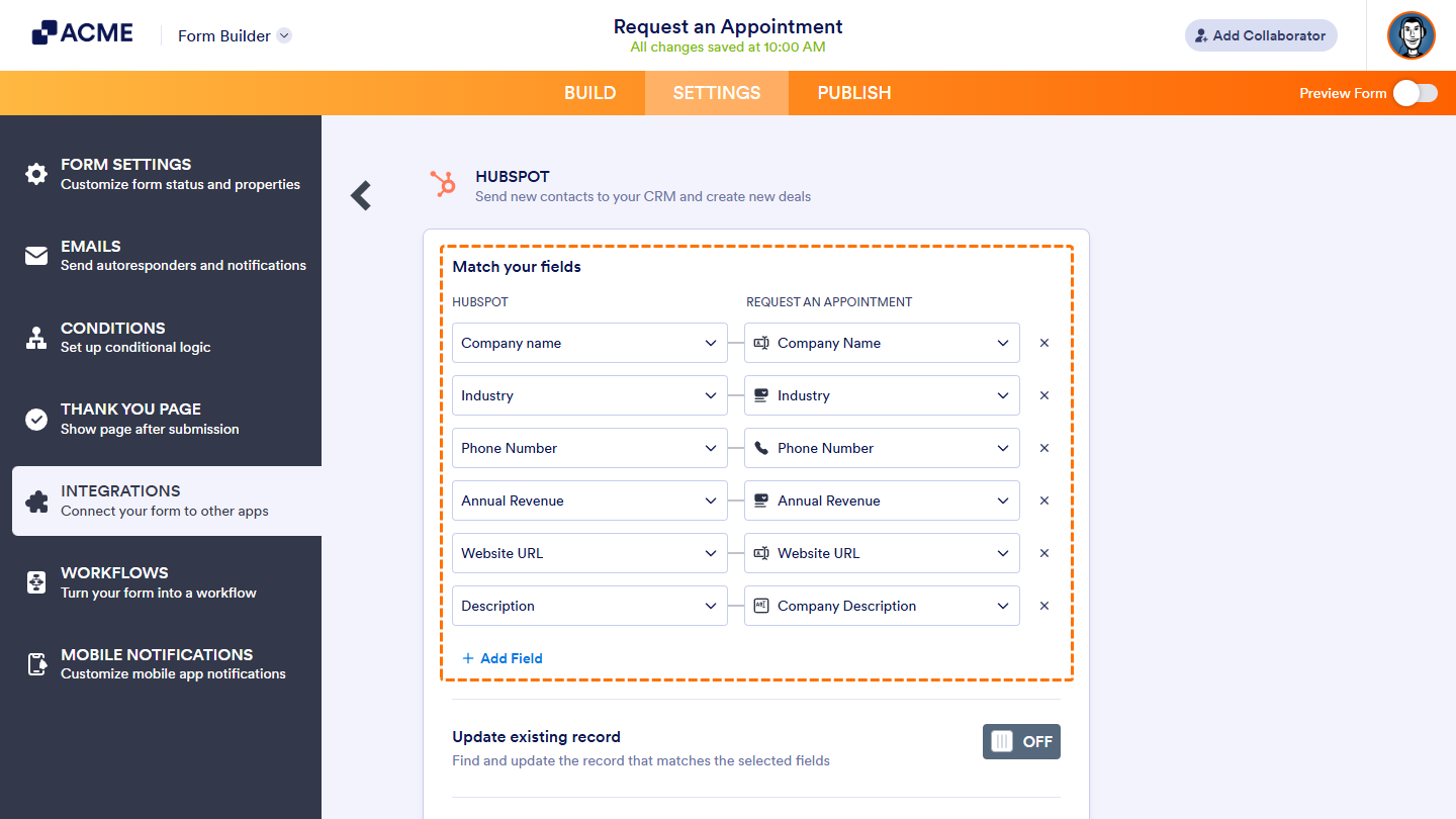 Match fields in Create Company of the HubSpot integration