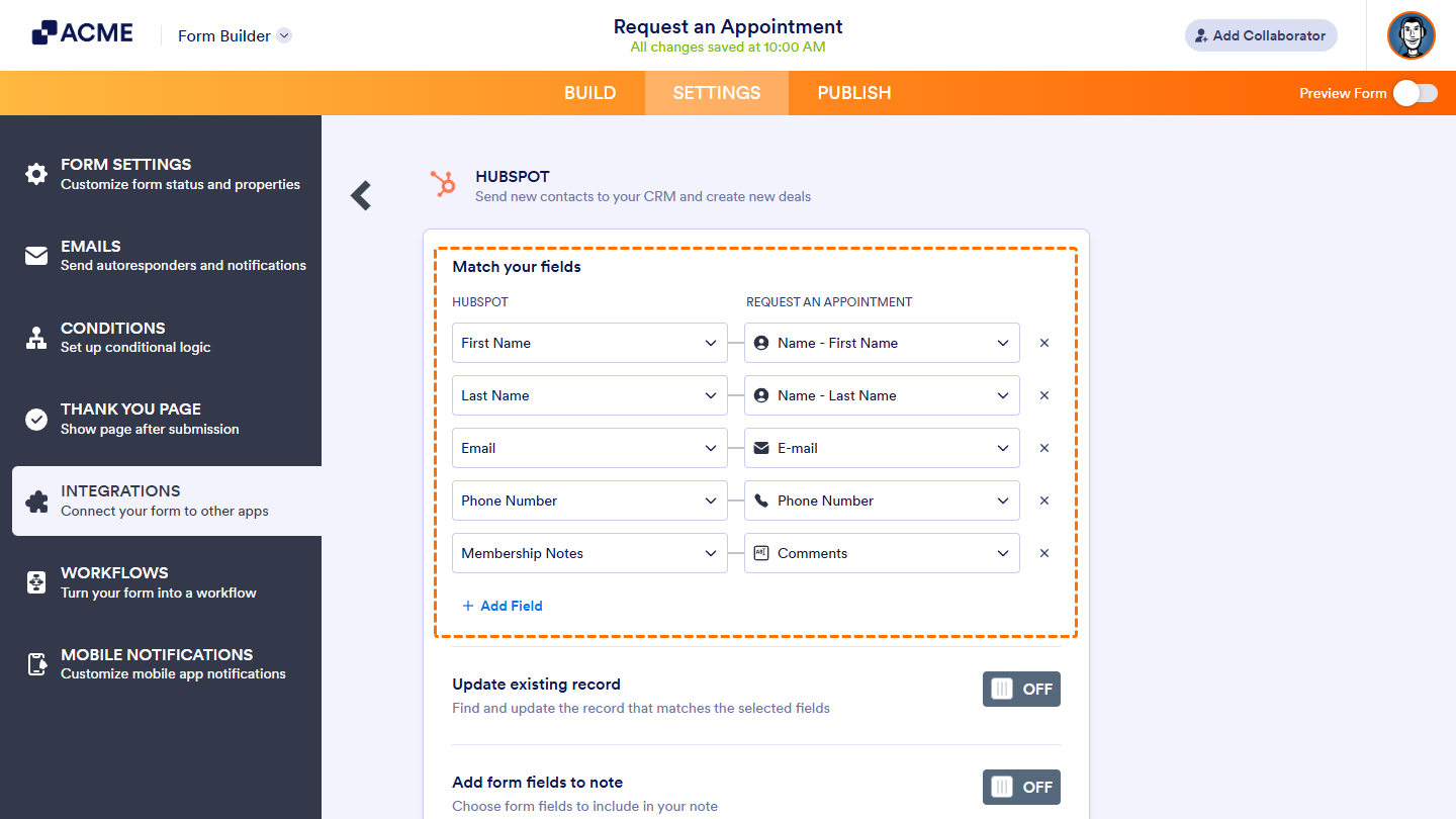 Match fields in Create Contact of the HubSpot integration