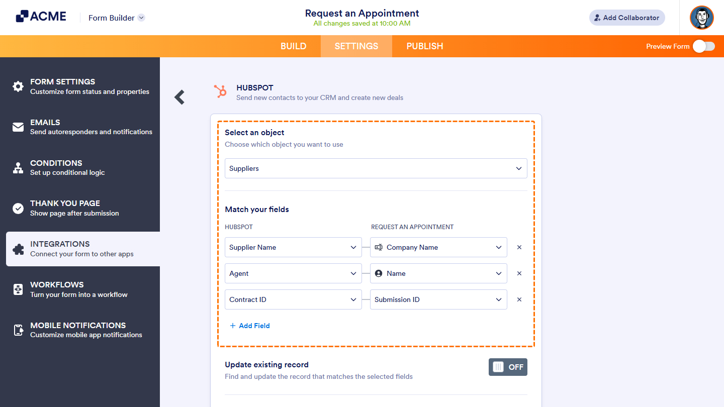 Match fields in Create Custom Record of the HubSpot integration