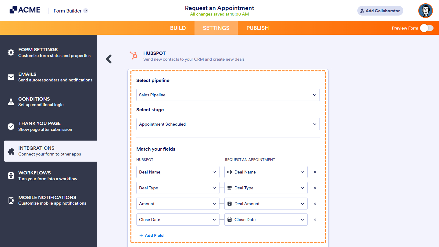 Match fields in Create Deal of the HubSpot integration