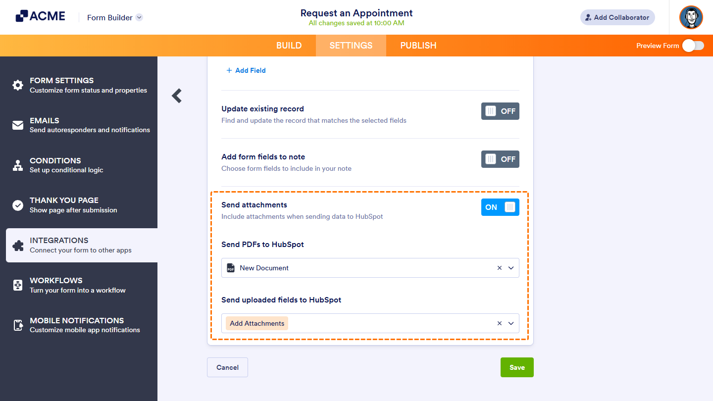 Send attachments toggle in the HubSpot integration settings