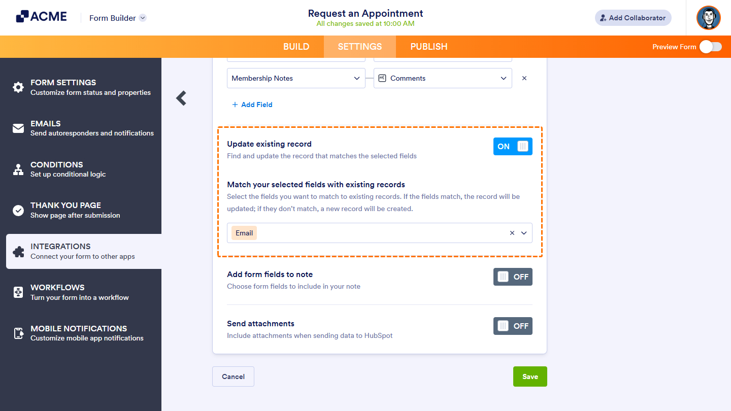 Update Existing Record toggle in the HubSpot integration settings
