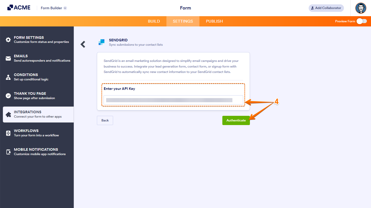 Entering SendGrid API Key and clicking Authenticate in Integration settings to connect SendGrid account