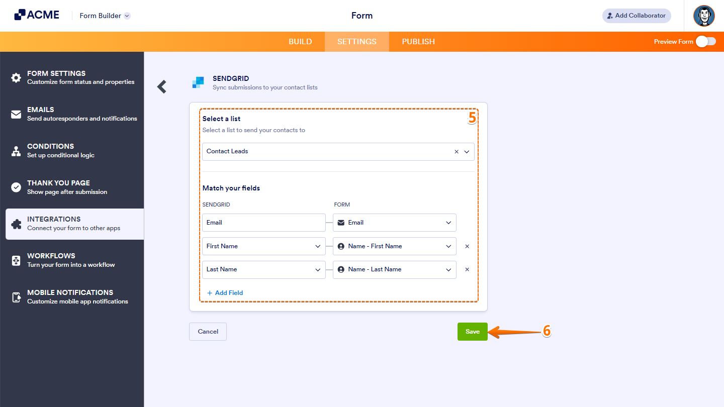 Configuring SendGrid integration by selecting a recipient list, mapping form fields to SendGrid fields such as Email and Name, and clicking Save to finish setup