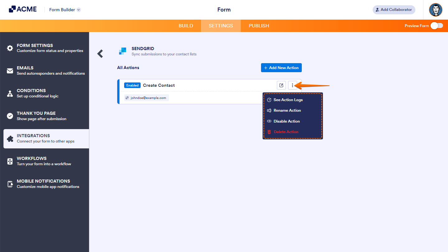 
Viewing and managing SendGrid integration actions, showing options to see action logs, rename, disable, or delete an action for troubleshooting and organization. 