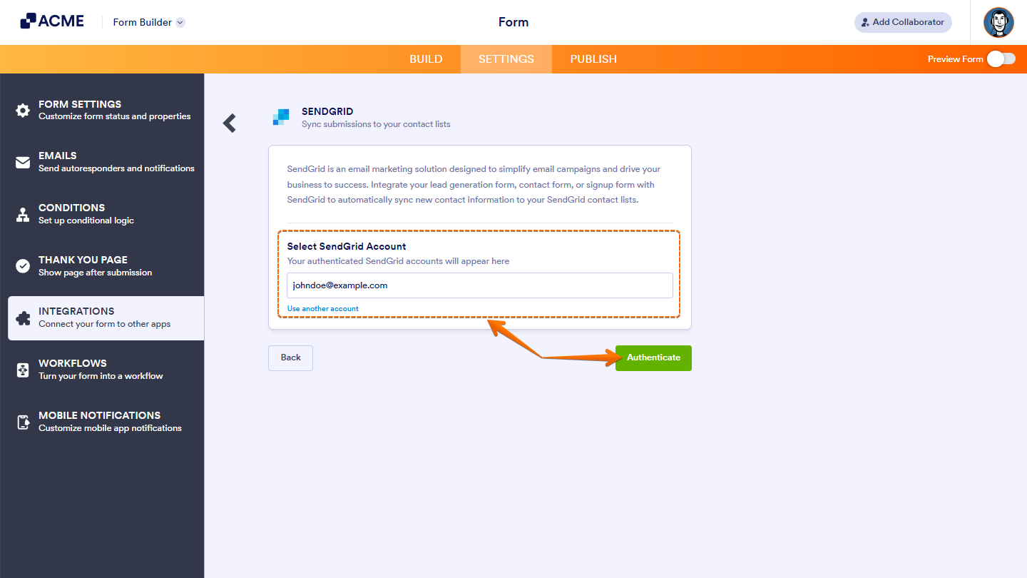 Selecting an existing SendGrid account from the dropdown or clicking Use another account option in Integration setup.
