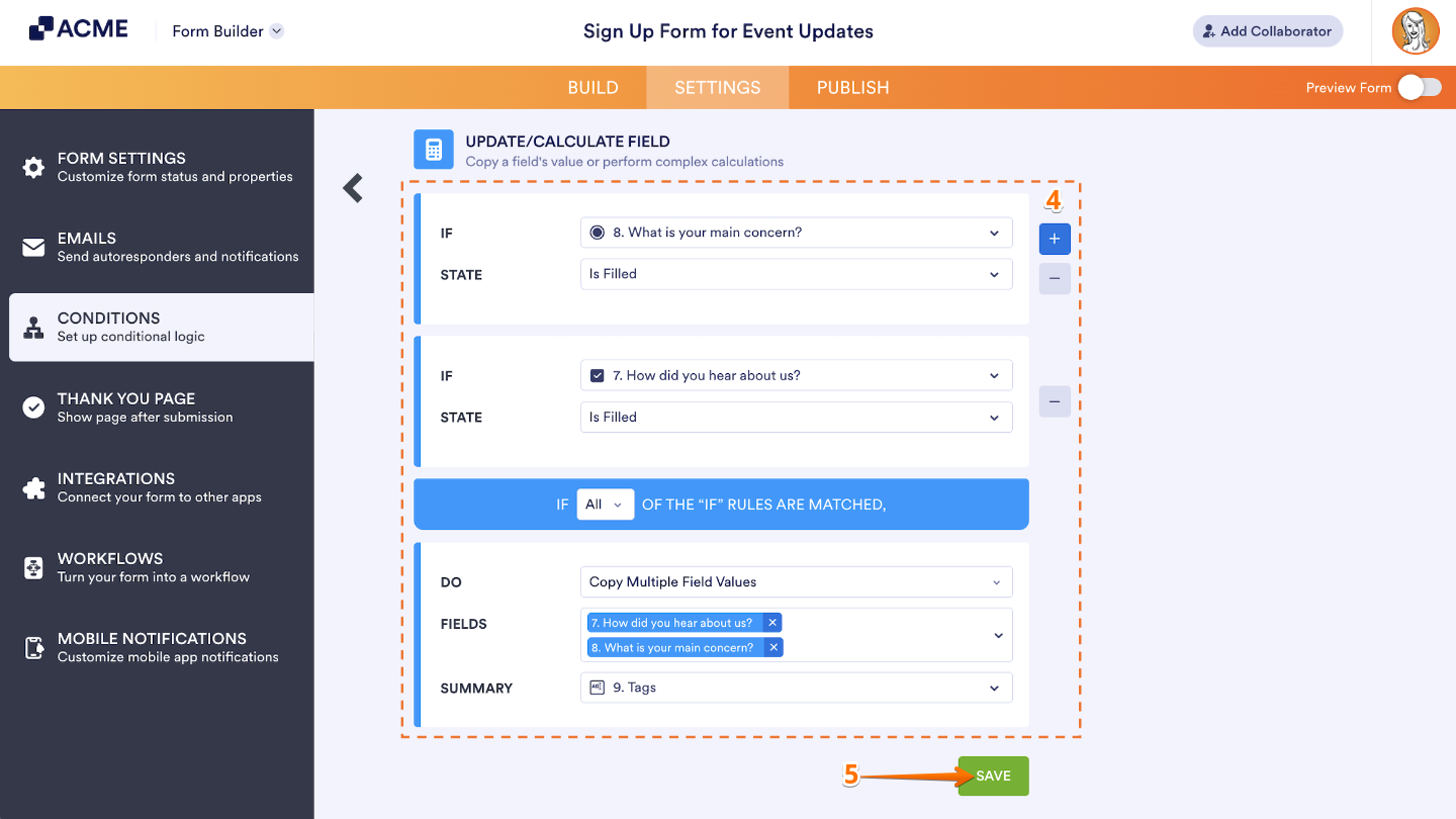 Example of configuring form condition rules to combine multiple field responses into one Short Text Entry field