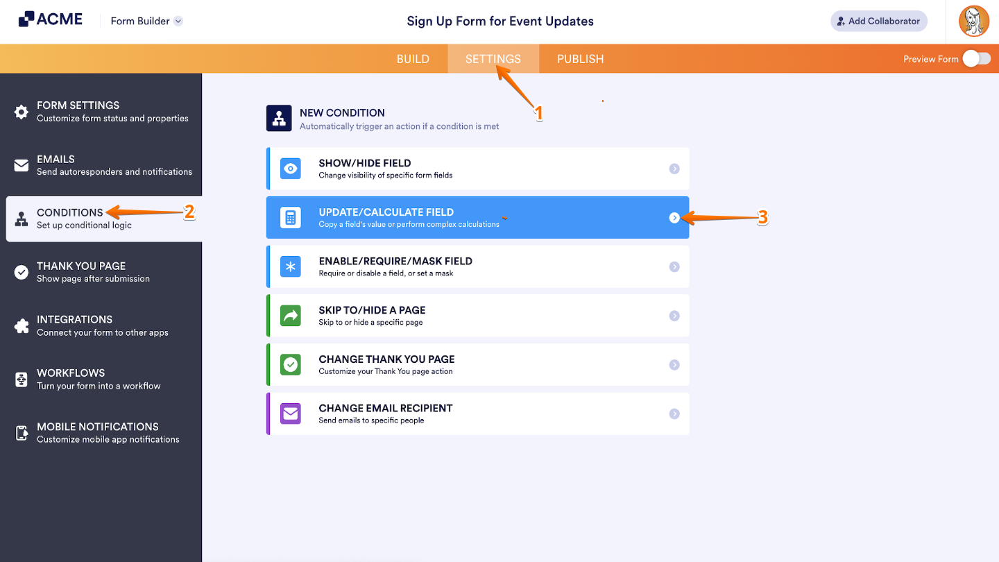 Accessing the Enable/Require/Mask Field condition in Form Builder to set up conditional logic