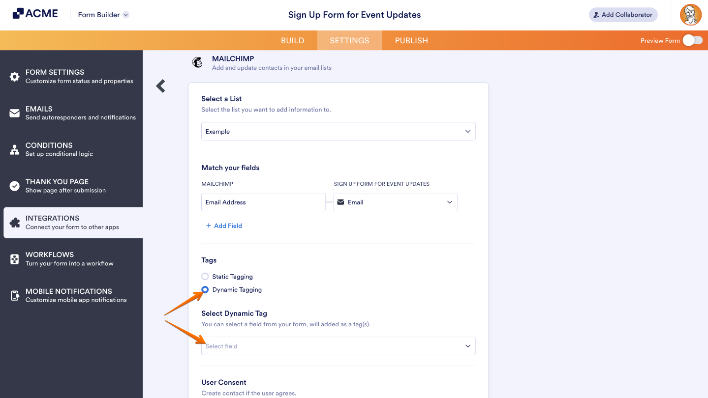 Dynamic tagging setup in form integration showing dropdown to select form field for automatic contact tagging