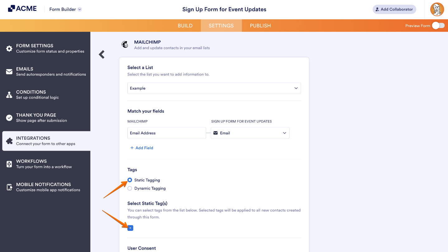 Example of Mailchimp static tagging setup in a form integration showing automatic tags applied to new contacts