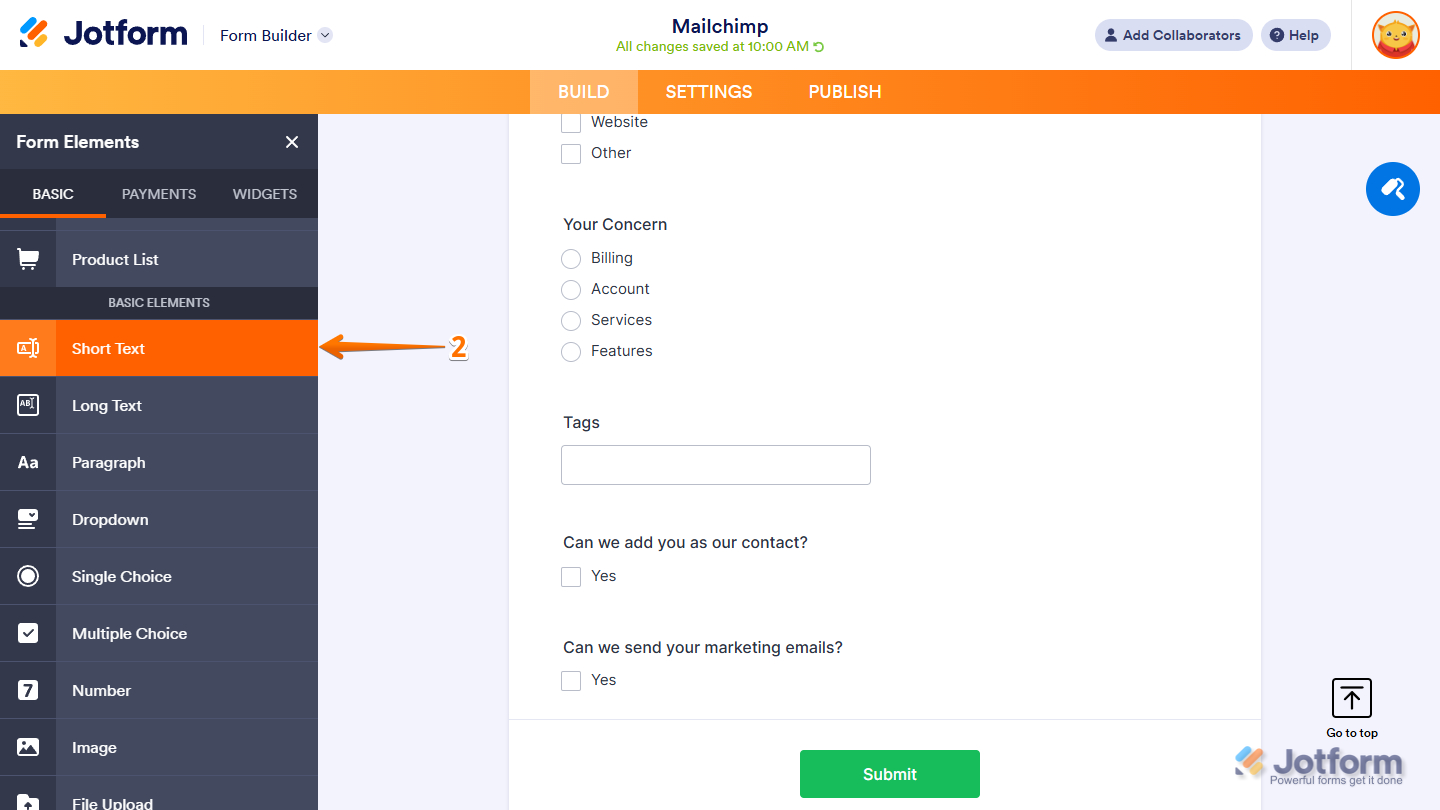 Short Text element in the Basic Elements section of the Jotform Form Builder