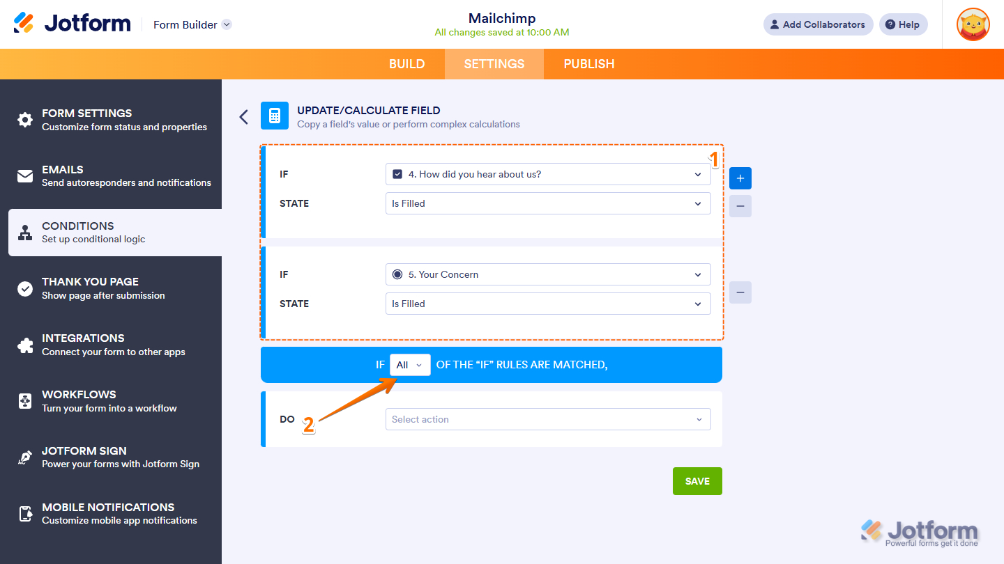 IF conditional logic settings