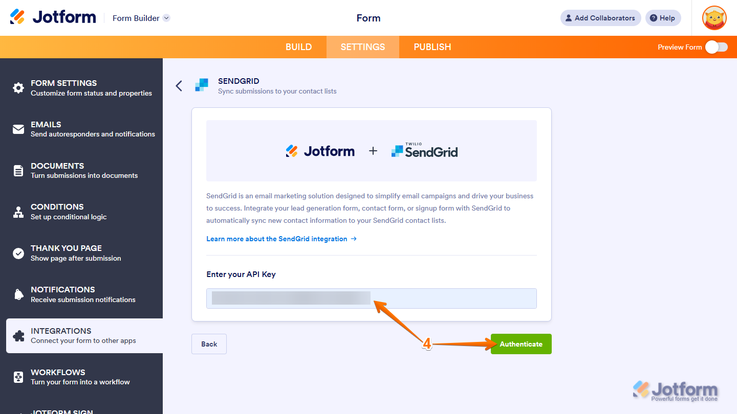 SendGrid integration settings showing API Key field and Authenticate button in Jotform