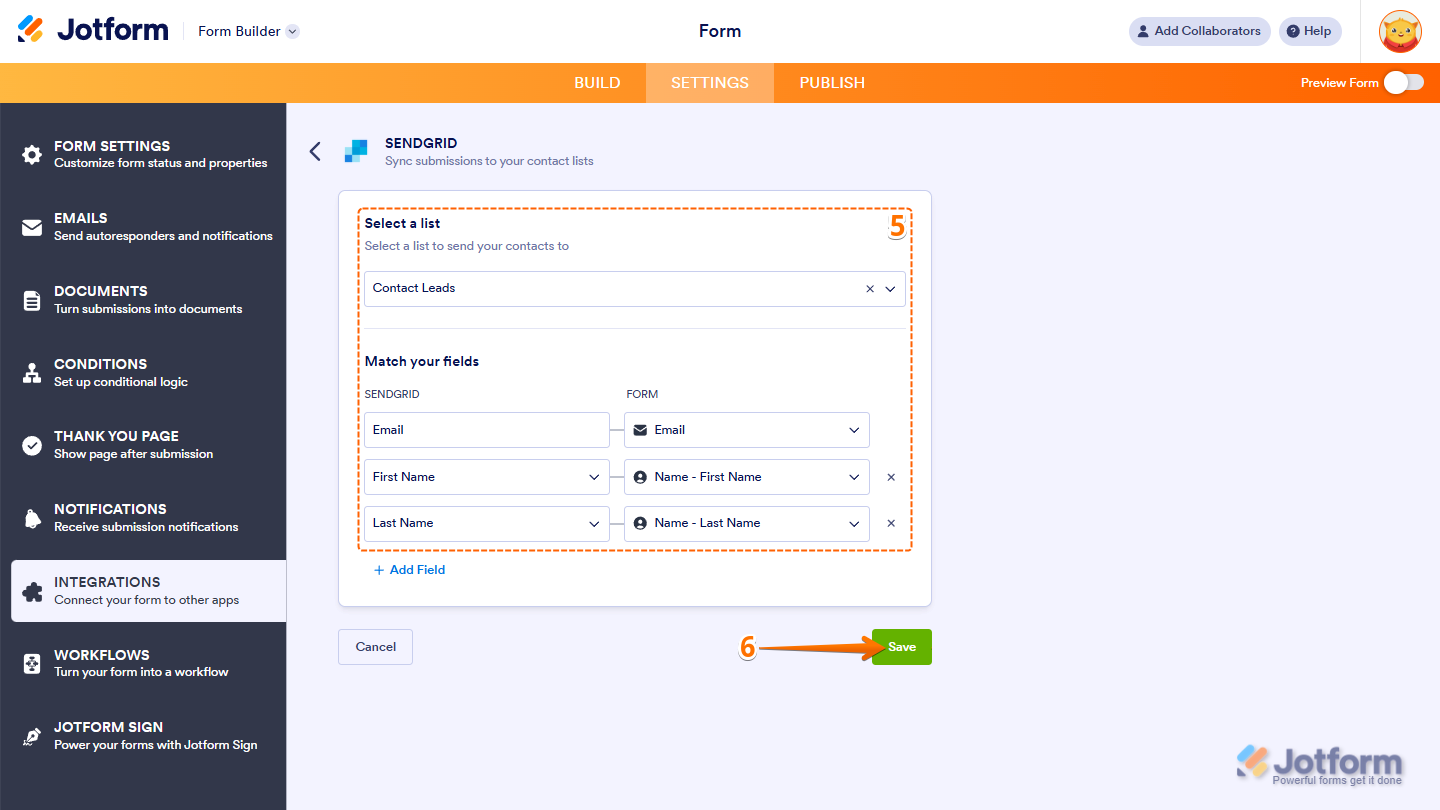 SendGrid integration settings showing Select a List and Match Your Fields options with Save button in Jotform