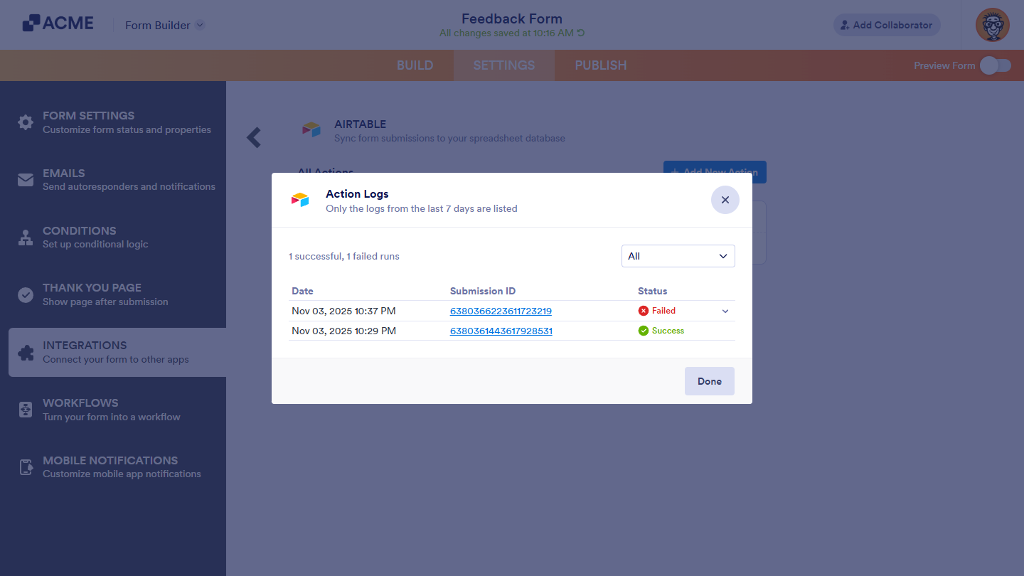 Action Logs window in the Airtable section of the Integrations section under the Settings tab in Form Builder
