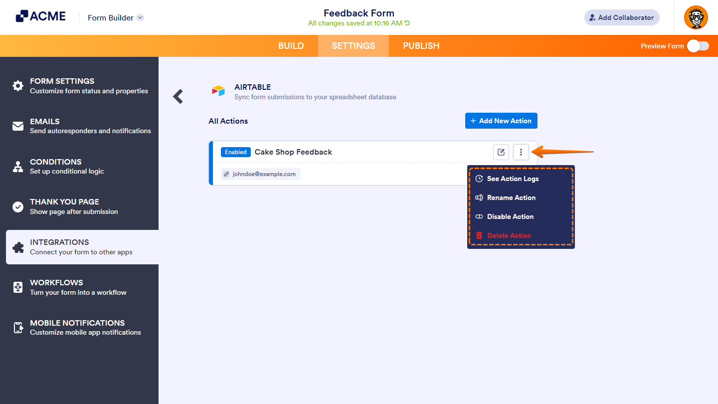 Saved Airtable Actions menu in the Airtable section of the Integrations section under the Settings tab in Form Builder