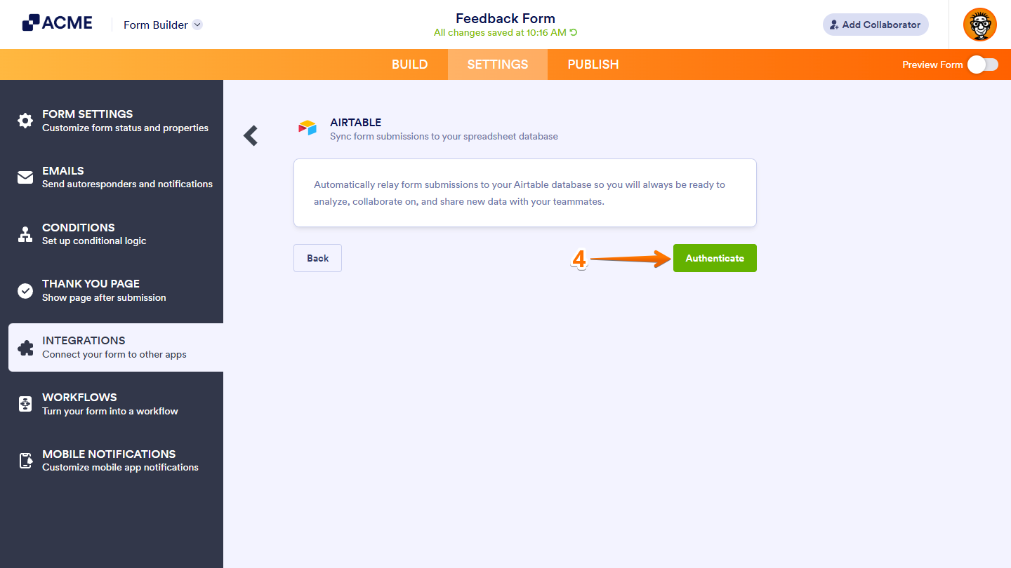Authenticate button in the Airtable section of the Integrations section under the Settings tab in Form Builder