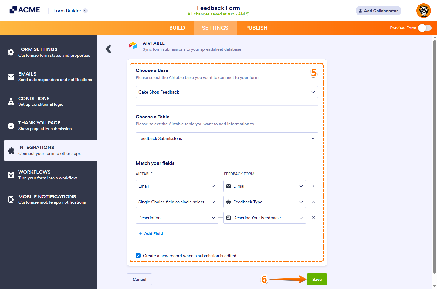 Different integration settings in the Airtable section of the Integrations section under the Settings tab in Form Builder