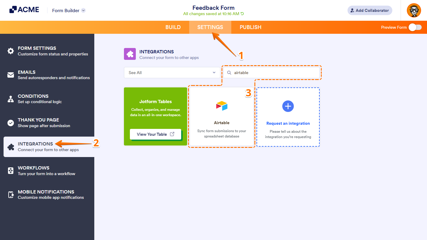 Airtable option in the Integrations section under the Settings tab in Form Builder