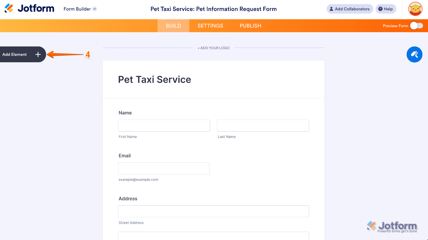 Form Builder interface showing the Add Element button on the left-side panel