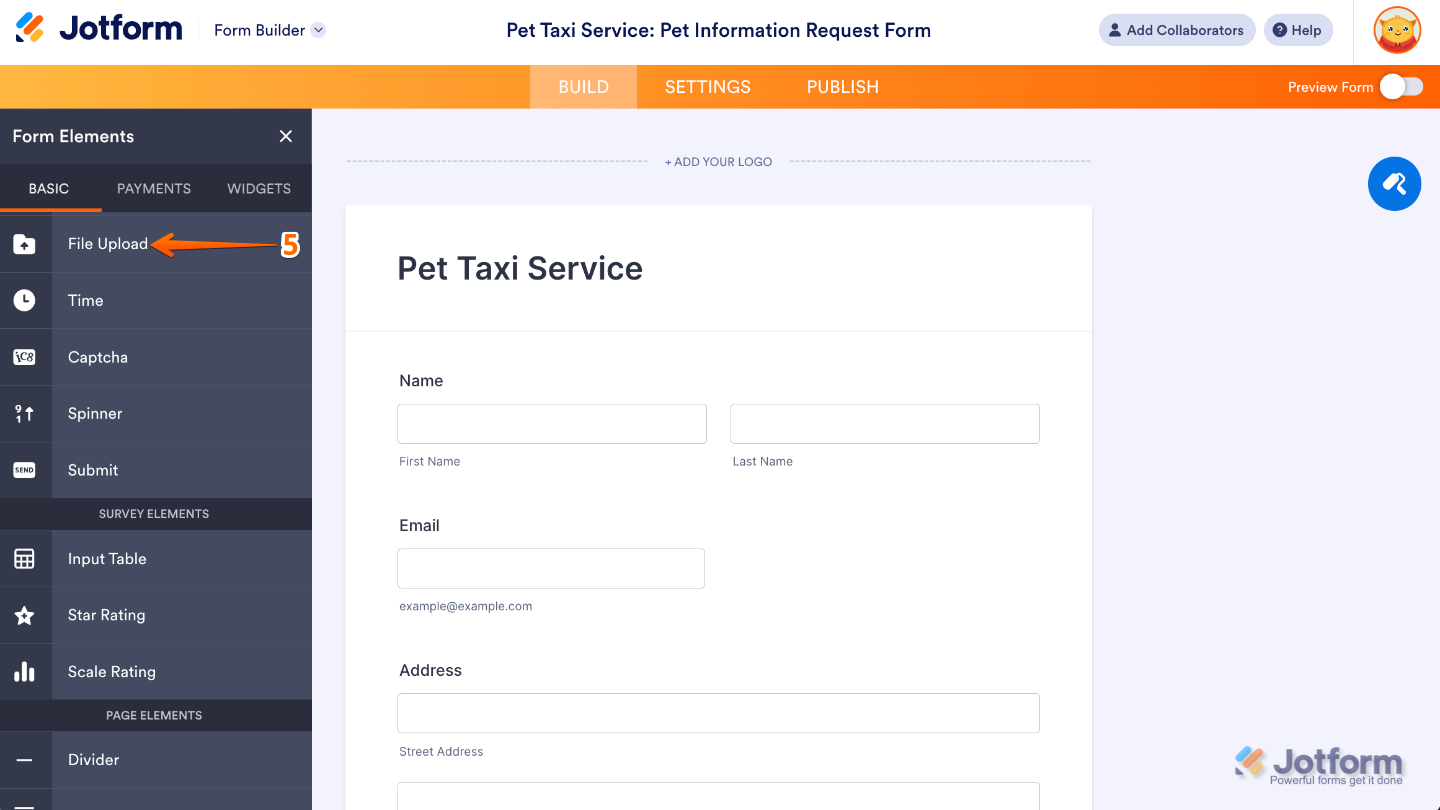 Form Elements panel under the Basic tab showing the File Upload element being selected