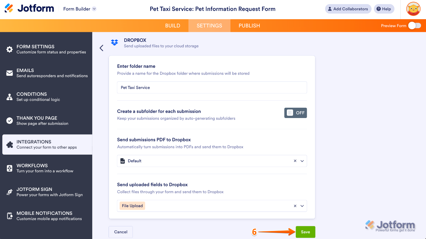 Form integration settings screen showing the Save button clicked to apply changes