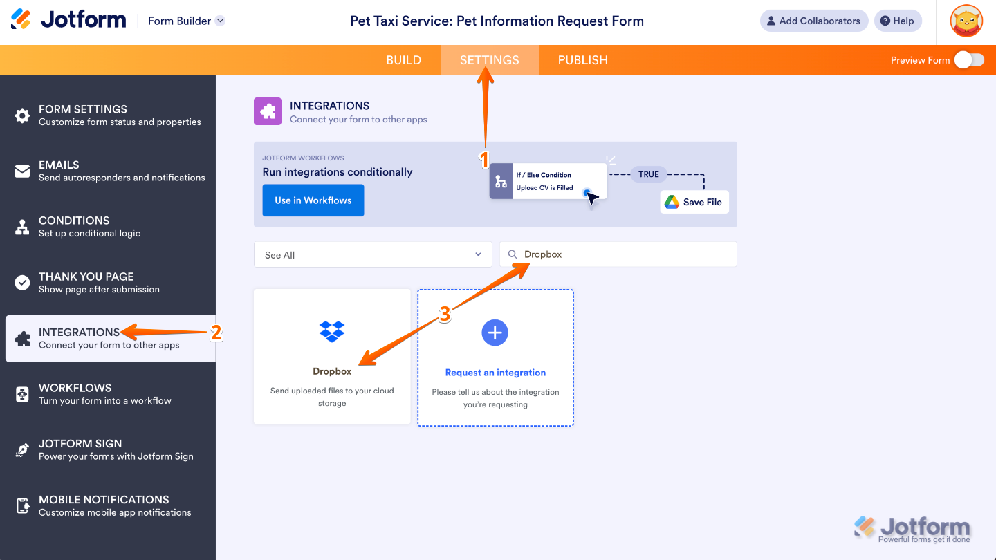 Form Builder interface with the Settings tab selected in the orange top navigation bar and Integrations highlighted in the left menu