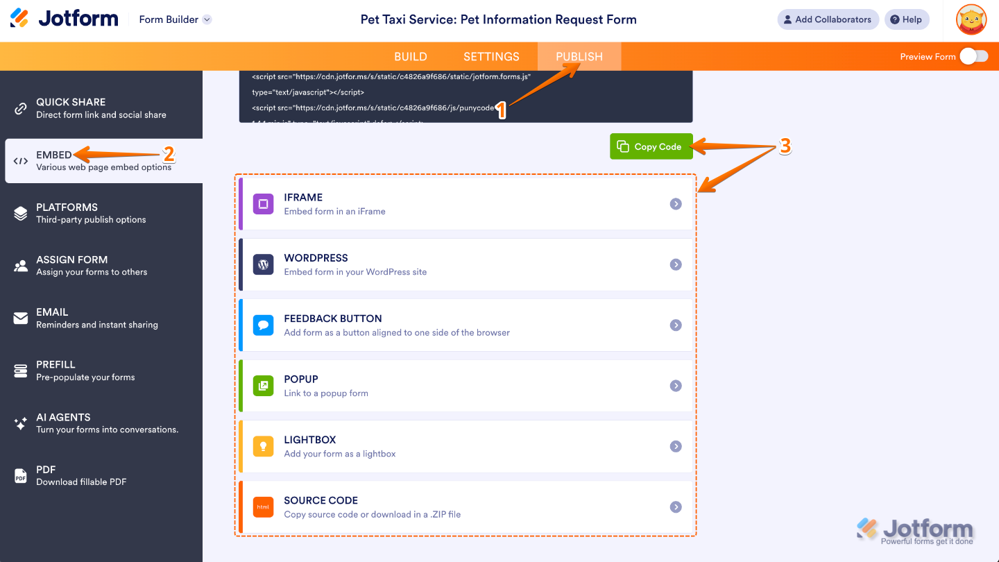Form Builder interface with the Publish tab selected in the orange top navigation bar and the Embed menu highlighted on the left