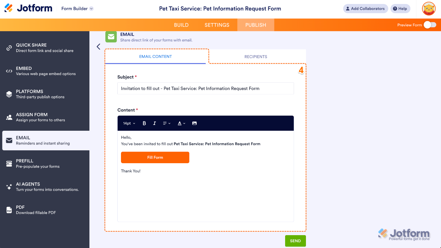 Email Form settings showing fields to enter an email subject and message with the form link included