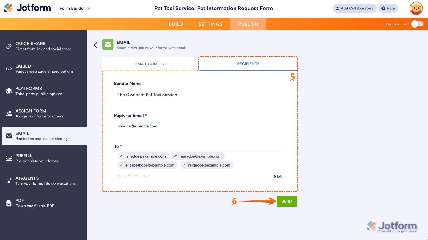 Email Form settings showing the Recipients tab with fields for Sender Name, Reply-To Email, and recipient addresses before sending