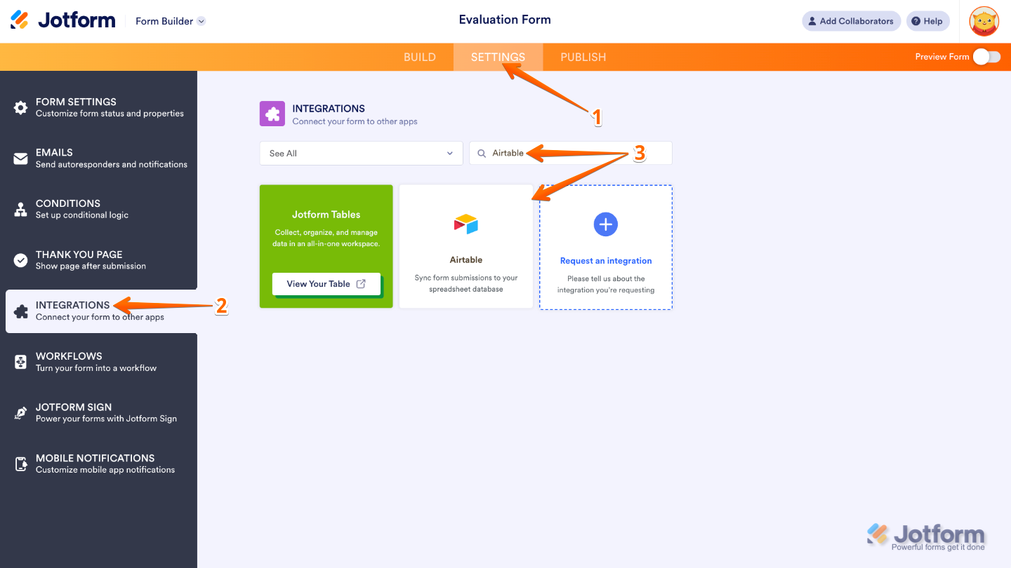 Form Builder Settings page showing the Integrations menu with Airtable selected from the search results