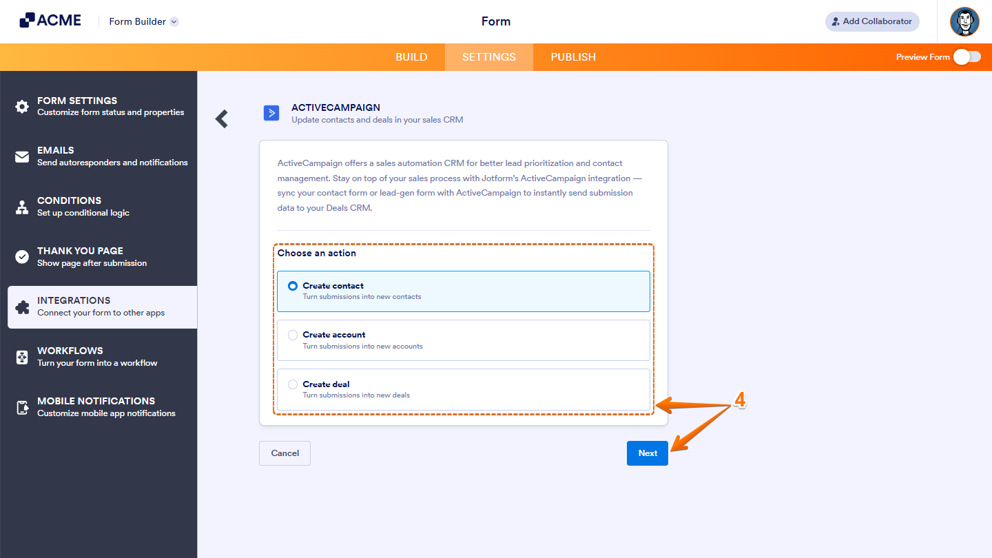 Selecting an action for the ActiveCampaign integration, such as Create Contact, Create Account, or Create Deal.
