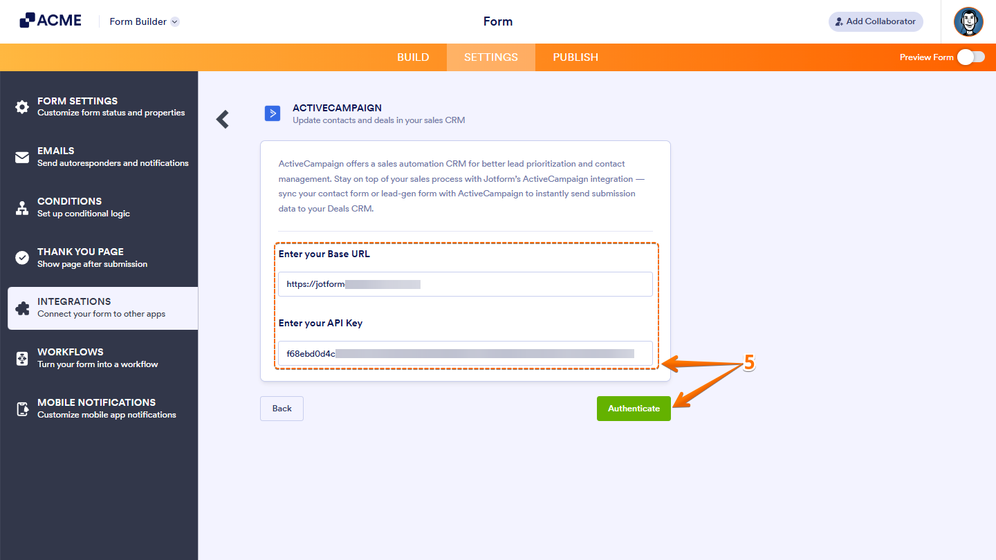 Entering Base URL and API Key fields in the ActiveCampaign integration setup before clicking Authenticate