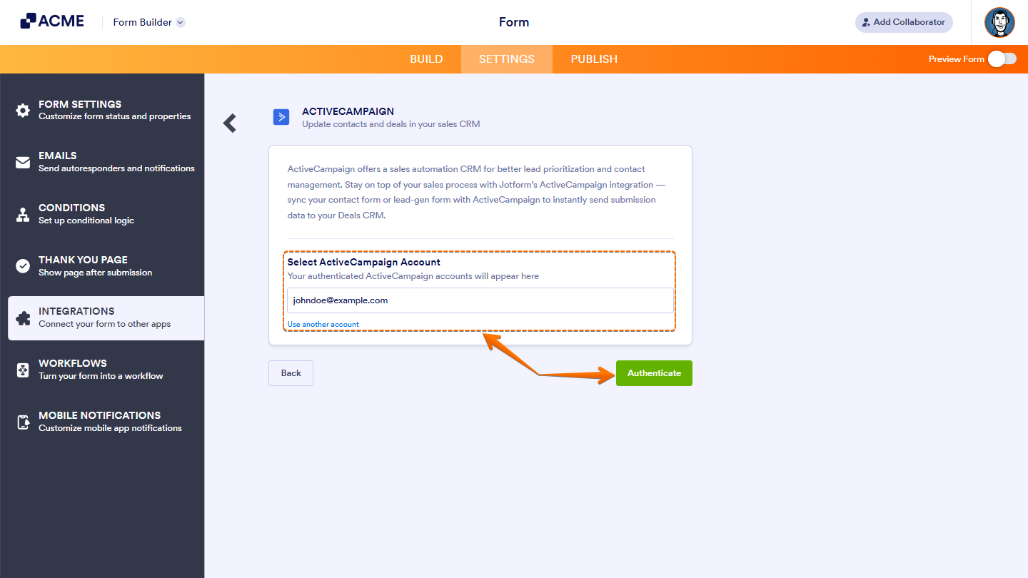 Selecting an existing ActiveCampaign account from the dropdown menu in integration settings before clicking Authenticate