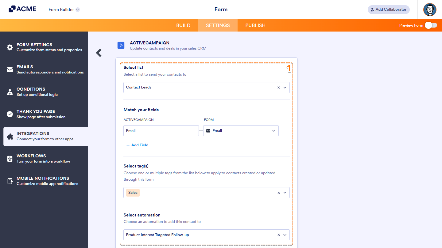 Setting up how new contacts are created from form submissions in ActiveCampaign integration, including selecting a list, matching fields, adding tags, and assigning automations