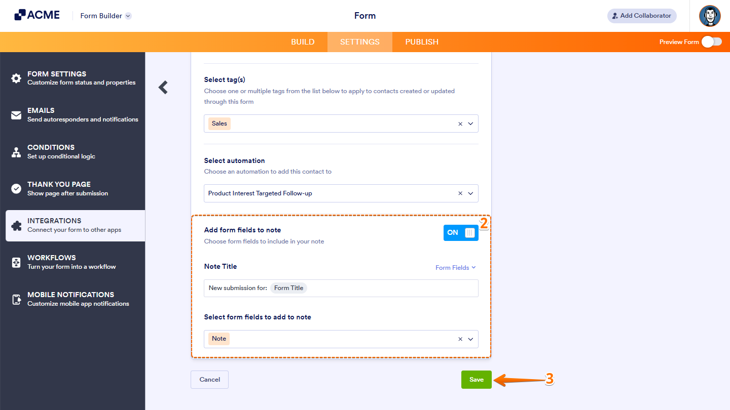 Enabling the “Add Form Fields to Note” option in ActiveCampaign integration setup to include form responses as notes, before clicking Save