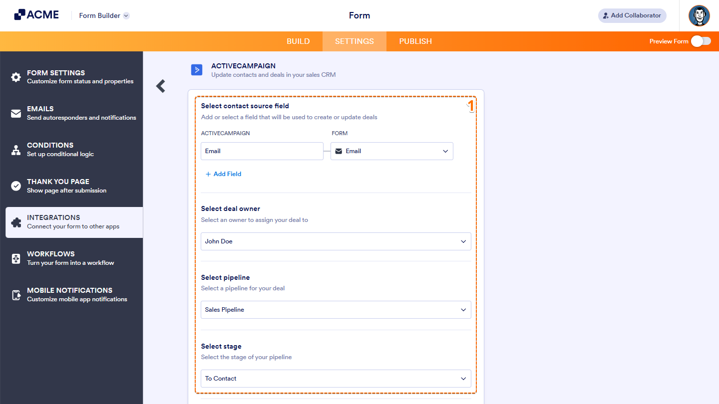 Setting up the “Create Deal” action in ActiveCampaign integration by selecting the contact source field, deal owner, pipeline, and stage